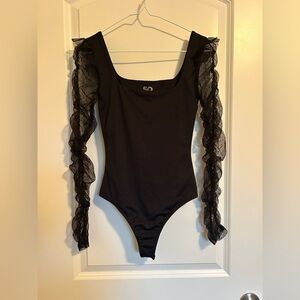 SO Black Bodysuit with Sheer Lace Sleeves long sleeve